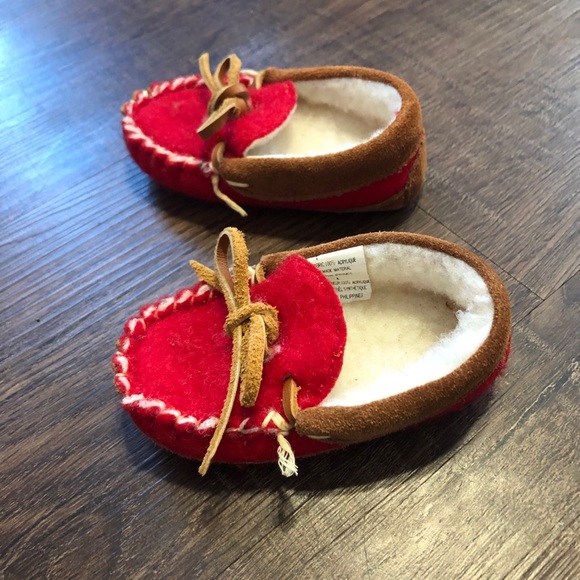 VINTAGE Gap Moccasins Red Brown Winter Baby Sz 1 - Picture 4 of 7